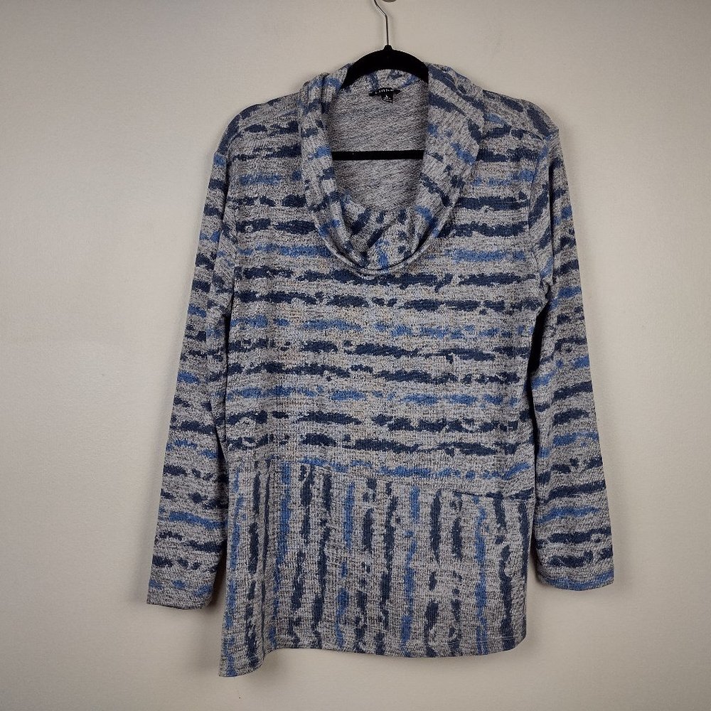 LINKS Distressed Striped Cowl Neck Asymmetrical Hem Gray with Blue Sweat…